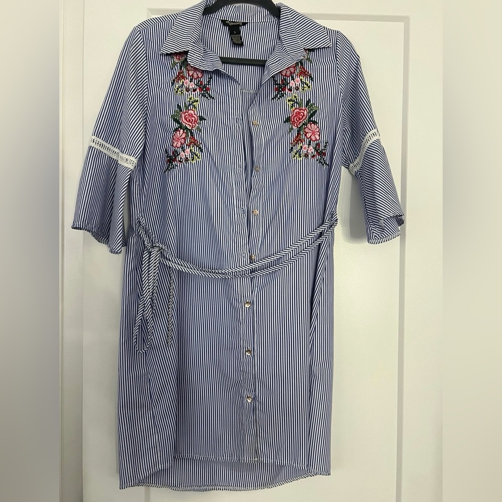 Striped Blue Floral Embroidered Dress